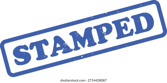 Apresenta um texto STAMPED azul, definido dentro de uma forma retangular com bordas angustiadas em um layout branco simples e limpo. Elemento de ilustração de carimbo isolado.