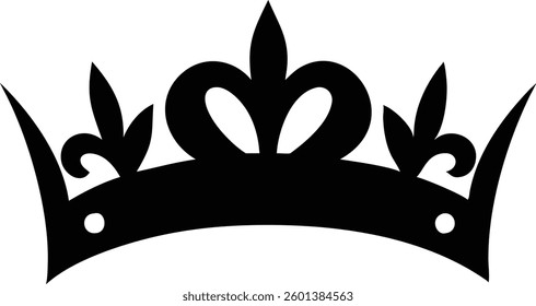 Features a bold, black silhouette of a crown, detailed with stylized fleur-de-lis elements and circular accents, isolated against a clean white background.