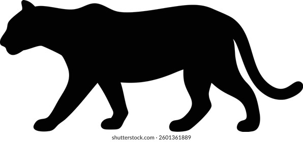 Features a bold, striking black silhouette of a panther in motion. The sleek outline captures the essence of the wild feline as it walks powerfully.