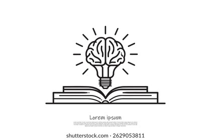 Features a brain-shaped bulb atop an open book with rays, all in minimalist line art on a transparent background.