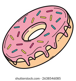 Apresenta uma rosquinha estilo cartoon com glacê rosa, polvilhos coloridos e um fundo transparente, aprimorado com contornos pretos arrojados e gelo gotejante.