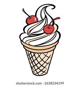 Features a cartoon-style ice cream cone topped with cherries, set against a transparent background. Includes detailed lines and vibrant colors.