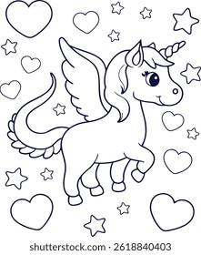Apresenta um unicórnio alado em forma de desenho animado adornado com um chifre, situado contra um pano de fundo de corações e estrelas flutuantes, todos isolados em um fundo branco.