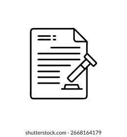 Cuenta con una línea de arte limpio de una hoja que muestra el texto con un sello de oficina sobre un fondo transparente, ideal para el diseño minimalista.