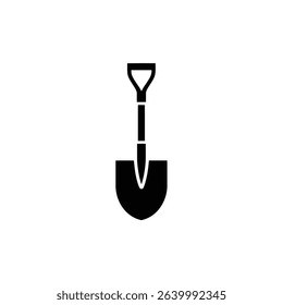 Features a clear, minimalist black and white vector icon of a shovel. Represents digging, construction, gardening, and agricultural work with its simple design.