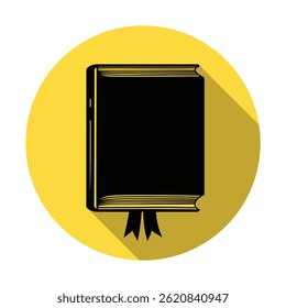 Apresenta um livro fechado e preto com uma faixa de marcadores, apresentado como um ícone em um círculo amarelo sólido. O design é simples, limpo e isolado.