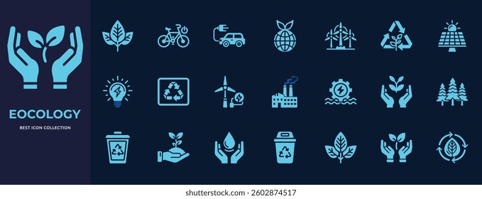 Features a collection of blue environmental icons, showing renewable energy and sustainability. Includes nature elements, solar, wind, recycling symbols on dark background.