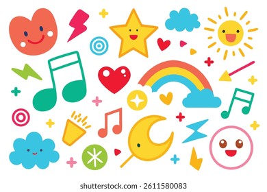 Features a collection of colorful cartoon icons, including a rainbow, sun, star, heart, cloud, musical notes, and smiling faces on a white background.