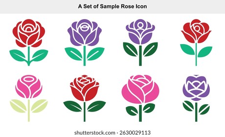 Features a collection of colorful rose icons, showcasing blooms in red, purple, and pink, complemented by vibrant green leaves. Set against a clean white background.