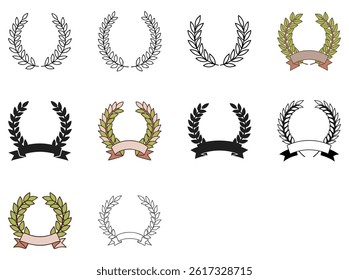 Features a collection of laurel wreaths with varying styles and colors, some adorned with ribbons, set against a clean white background.