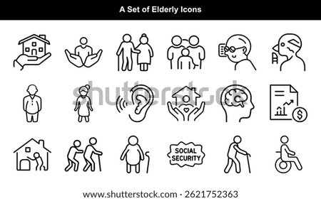 Features a collection of linear icons depicting elder care and retirement on transparent backdrop. Includes family, health, finance, social security, and housing.