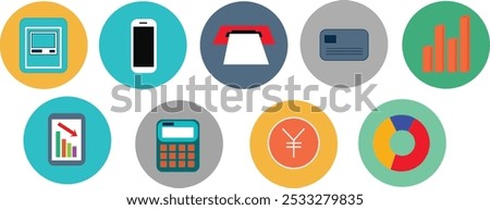 Features a collection of nine colorful icons representing various financial concepts. The icons are arranged in a grid on a gray background. From left to right, top to bottom, the icons dep