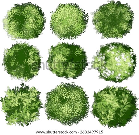 features a collection of nine stylized, top-down digital paintings of various green shrubs and bushes. The foliage is rendered in different textures and shades of green, with one bush including small 