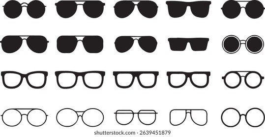 Features a collection of stylish eye glasses and sun glasses presented in a detailed black silhouette against a clear, transparent background.