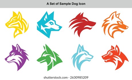 Features a collection of stylized dog head icons in various vibrant colors. Each design showcases a unique flat illustration on a white backdrop.