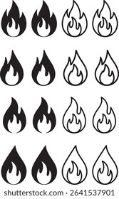 Features a collection of twelve flame icons, presented in both solid and outlined styles, creating a varied set against a transparent backdrop.