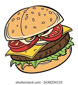 Features a colorful cartoon burger stacked with cheese, tomato, onion, lettuce, and a patty with a transparent background, perfect for illustrations.