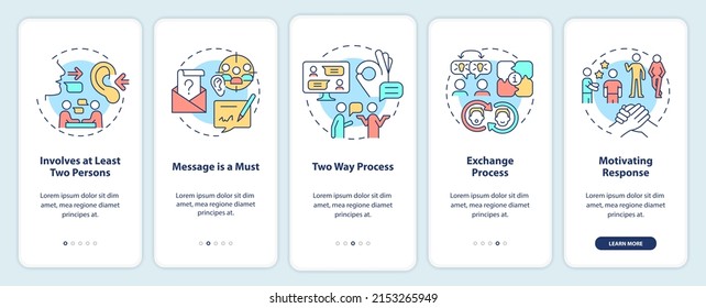 Features of communication onboarding mobile app screen. Message is must walkthrough 5 steps graphic instructions pages with linear concepts. UI, UX, GUI template. Myriad Pro-Bold, Regular fonts used