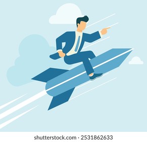 features a confident business leader, seated on a rocket soaring through a clear sky, The rocket represents innovation, speed, and the ambitious pursuit of success, opportunities in a fast-paced world