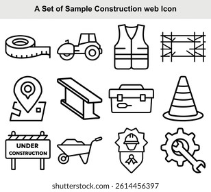 Features construction tool icons, including a measurement tape, sign, and toolbox, rendered as clean line art for versatility and clarity on transparent .