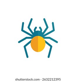 Features a contemporary, flat spider icon with a vibrant yellow body and teal limbs against a clean white background, perfect for digital use.