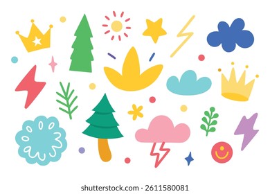 Features crowns, trees, clouds, stars, sun and lightning bolts in playful colors. This whimsical, vector style composition is set against a white background.