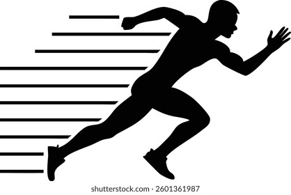 Features the dark figure of an athletic man dashing forward. Horizontal lines emphasize the speed of his run, indicating robust health and dynamic energy.