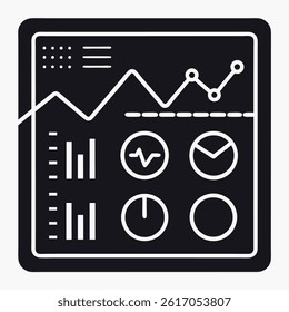 Features data visualization, line graph, circle charts, and bar graph elements on a transparent background, designed in a minimalist, infographic style.