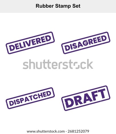Features delivered, disagreed, draft and dispatched texts inside rubber stamps. The set has a white background and a purple colored rubber stamp.