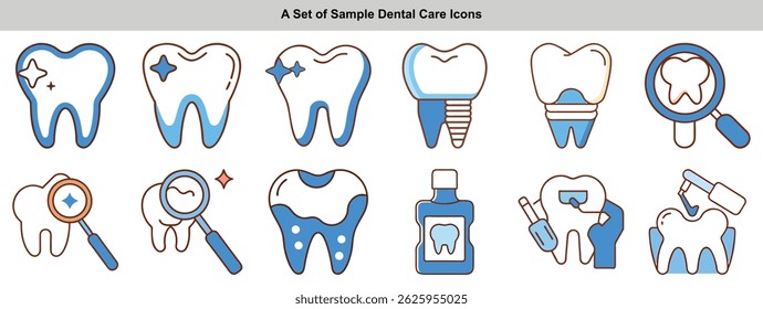 Apresenta um conjunto de ícones odontológicos que inclui saúde dos dentes, lupa, enxaguante bucal e preenchimento em traços artísticos.