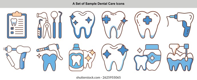 Cuenta con conjunto de iconos dentales. Incluye dientes, herramientas, Portapapeles y enjuague bucal en estilo de contorno azul y marrón. Estas imágenes están limpias y diseñadas.