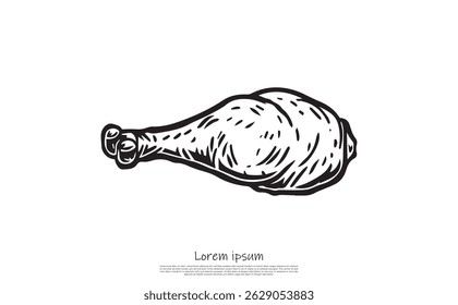 Features detailed line art of chicken leg piece sketch, showcasing texture and form. Graphic style, isolated on white backdrop.