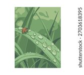 Features dew drops on grass blades with ladybug, showcasing fresh morning nature scene with flora and wildlife. Detailed water droplets add a touch of realism in vector format.