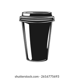 Features a disposable coffee cup with a lid, rendered as a simple line art style with monochrome black fill, set against a clean white background.
