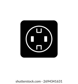 Cuenta con un distintivo símbolo de toma de corriente blanca centrado en un cuadrado negro, establecido sobre un fondo transparente limpio, lo que garantiza la versatilidad para varios contextos de diseño.