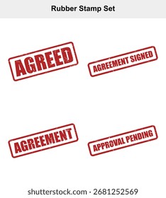 Features distressed red rubber stamp imprints of phrases like agreed, agreement signed, approval pending, and agreement on a white background.