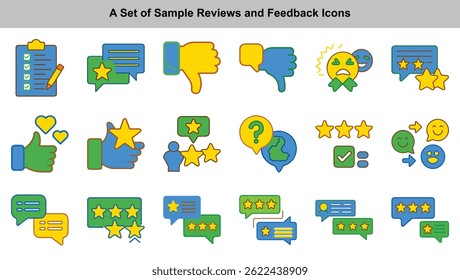 Features a diverse collection of flat design icons, including star ratings, thumbs down, chat bubbles, emoticons and a checklist representing customer feedback on white.