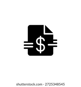 Features a document icon in black color, complete with a dollar sign on it and rounded corner, set against a transparent background, ensuring clear visibility.