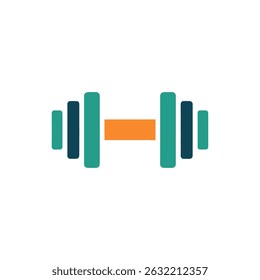 Features a dumbbell icon composed of teal rounded bars for the weights, an orange bar connecting them, set against a clean white background.