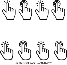 Features eight hand icons with fingers extended, showing click and tap actions with radiating lines or concentric circles in black outline on transparent background.