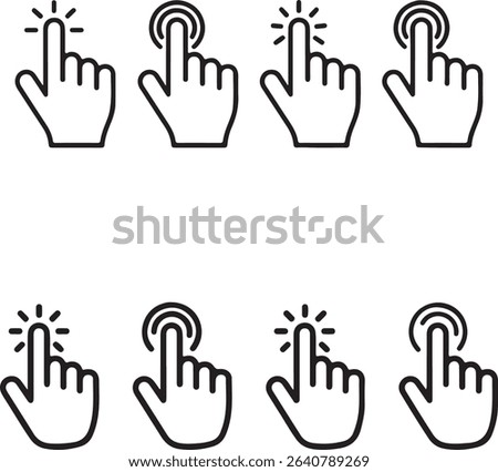 Features eight hand icons with fingers extended, showing click and tap actions with radiating lines or concentric circles in black outline on transparent background.