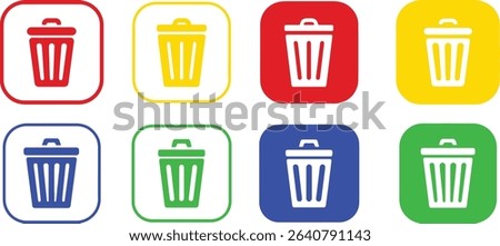 Features eight trash can icons inside colorful squares red, yellow, blue, green, and white recycle bins arranged in a row on a clean white background.