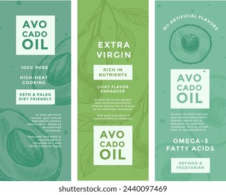 Features of extra virgin avocado oil, vector illustration in a modern style, suitable for product labels and eco-friendly branding, on a textured green background.