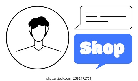 Features a faceless user profile within a circle and a speech bubble with the word Shop. Ideal for e-commerce, customer service, online shopping, communication, and user interfaces. Simple vector