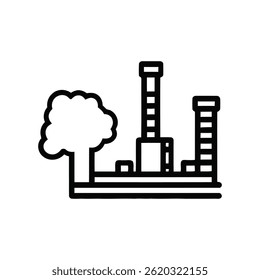 Features a factory icon with a tree, depicted in bold black outline on a transparent background. Clean, simple, and modern design for various creative projects.