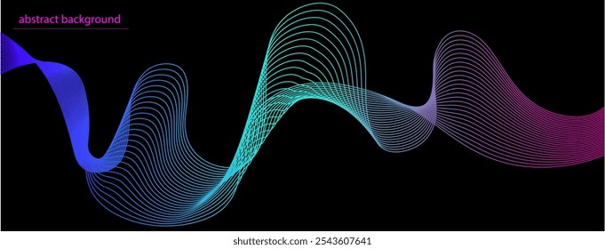 features flowing abstract waves in vibrant colors, showcasing a sleek and modern graphic style. The background is solid black, emphasizing the dynamic movement of the waves. Vector illustration