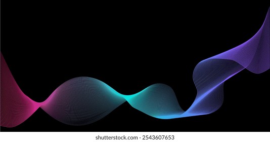 features flowing abstract waves in vibrant colors, showcasing a sleek and modern graphic style. The background is solid black, emphasizing the dynamic movement of the waves. Vector illustration
