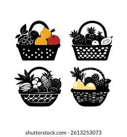 Features four black patterned baskets overflowing with fruit pineapple, mango, apple, grape, and more. Isolated on a transparent background.