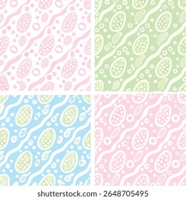 Features four blocks of paisley-style patterns in soft pastel colors including pink, blue, green, and peach. The delicate, swirling shapes create a vintage or fabric-inspired look.


