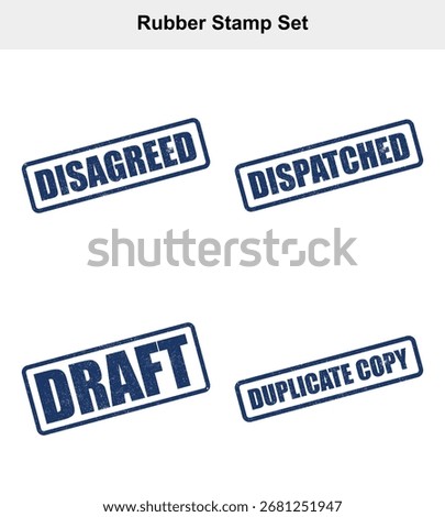 Features four blue rubber stamps with words Disagreed, Dispatched, Draft, and Duplicate Copy, set against a clean white background.